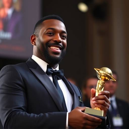 Image de Omar Sy recevant un prix lors d'une cérémonie à Los Angeles.