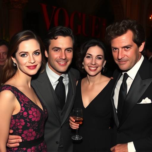 Marion Cotillard et Guillaume Canet discutant avec Monica Bellucci et Vincent Cassel lors de la soir√©e Vogue √† Milan.