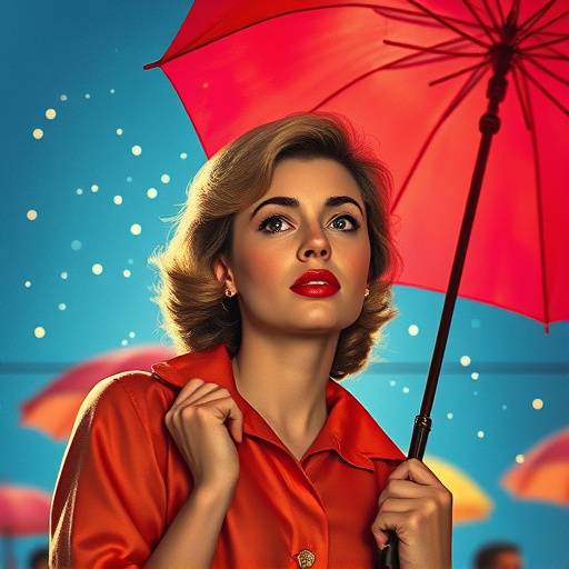Une affiche du film Les Parapluies de Cherbourg, montrant Catherine Deneuve jeune et radieuse sous un parapluie color√©.